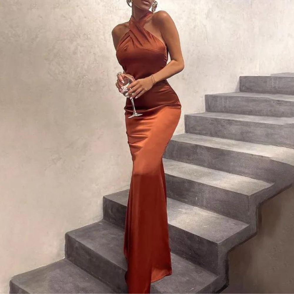 Brown Orange Bodycon Cross Neck Evening Dress Little Lala Boutique