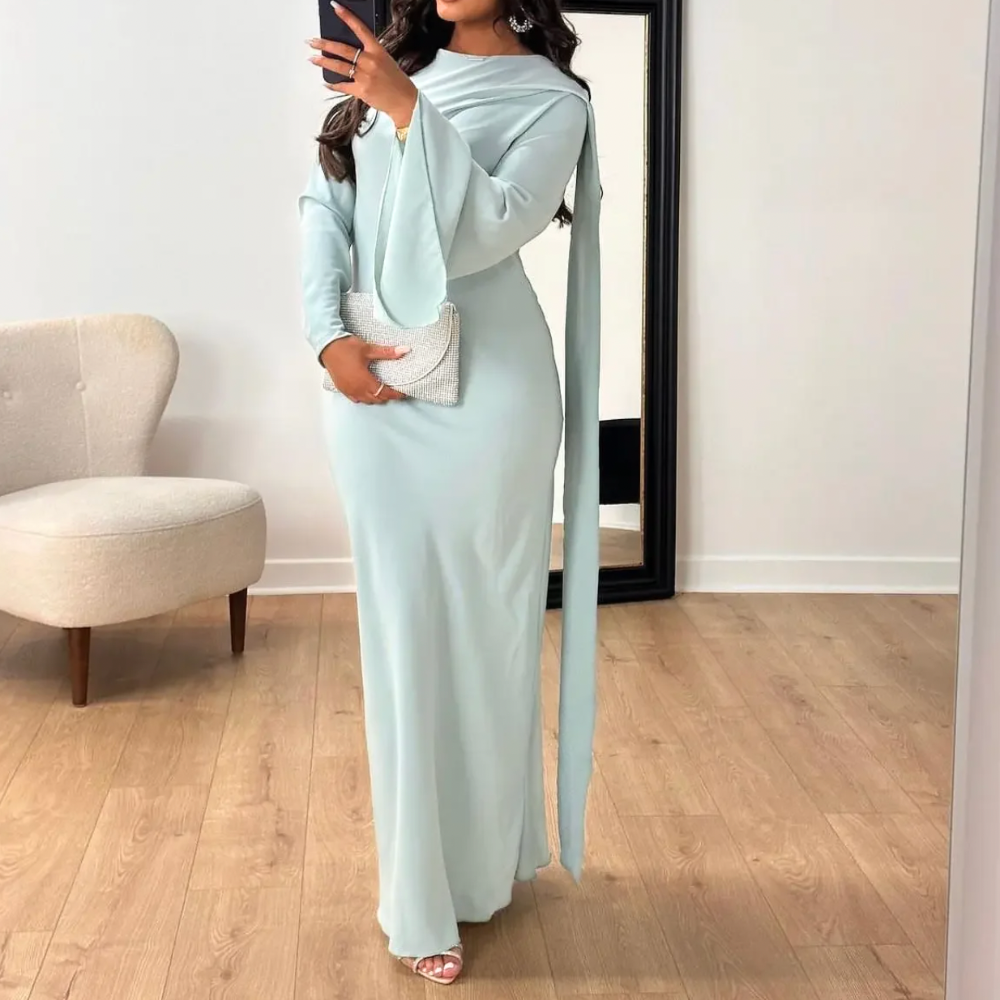 Mint Green Modest Drape Long Evening Dress