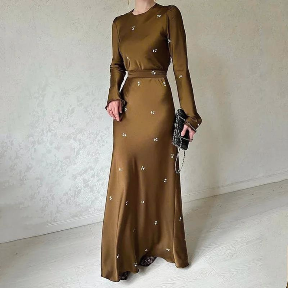 Coffee Brown Floral Modest Evening Dress