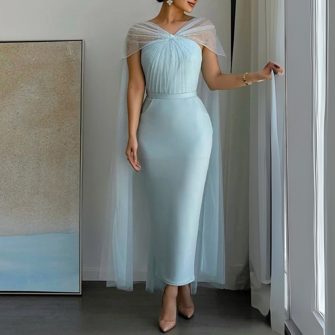 Baby Blue Satin Sparkly Mesh Cap Sleeves Pleated Dress, Full Body