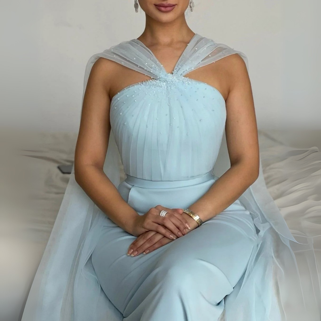 Baby Blue Satin Sparkly Mesh Cap Sleeves Pleated Dress, Close Up 2