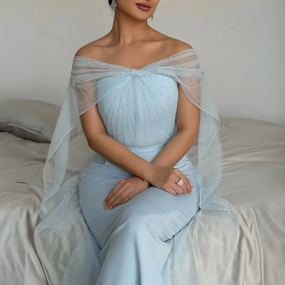 Baby Blue Satin Sparkly Mesh Cap Sleeves Pleated Dress, Close Up