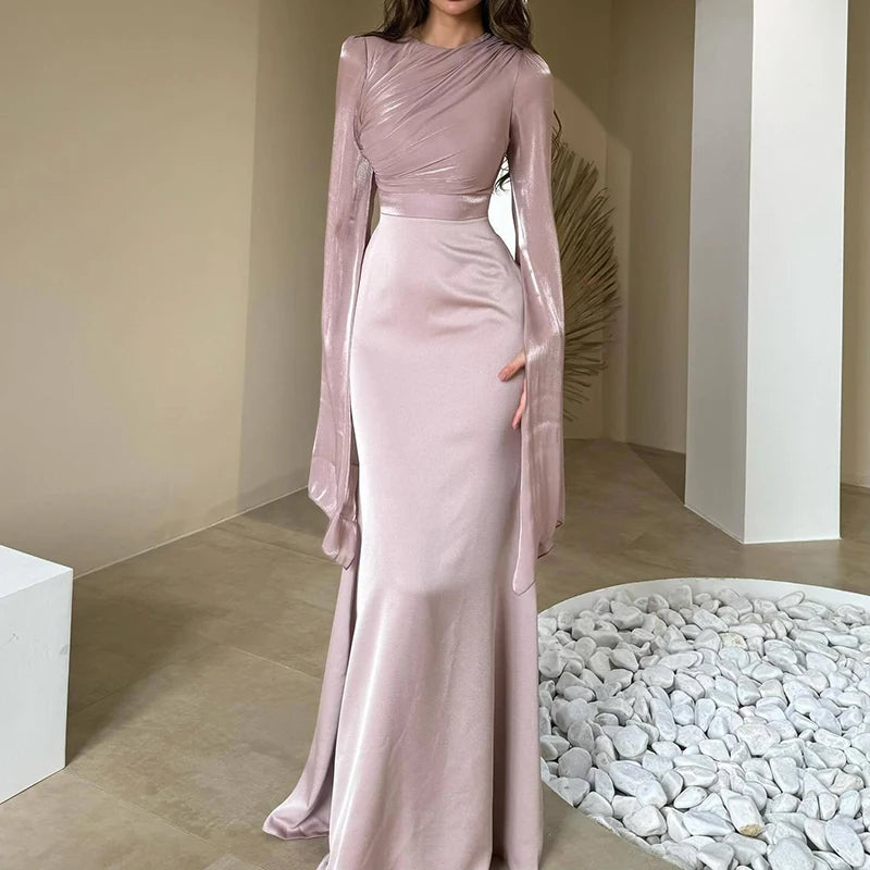 Baby Pink Elegant Pleated Batwing Sleeve Maxi Dress, Full Shot