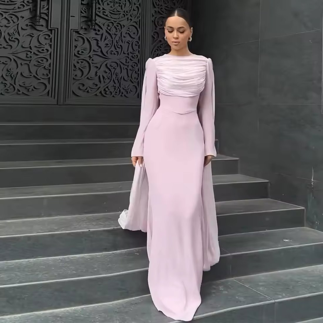 Baby Pink Modest Chiffon Pleated Cape Evening Dress