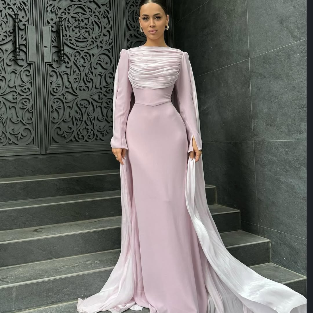 Baby Pink Modest Chiffon Pleated Cape Evening Dress, Front