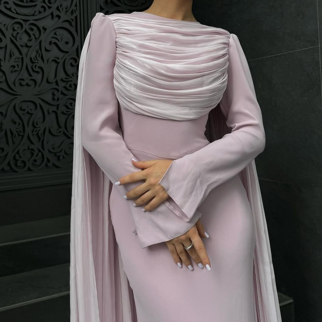 Baby Pink Modest Chiffon Pleated Cape Evening Dress, Close Up