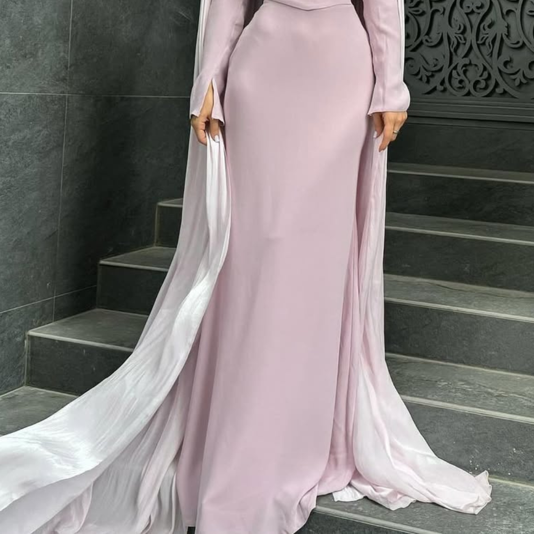 Baby Pink Modest Chiffon Pleated Cape Evening Dress, Skirt
