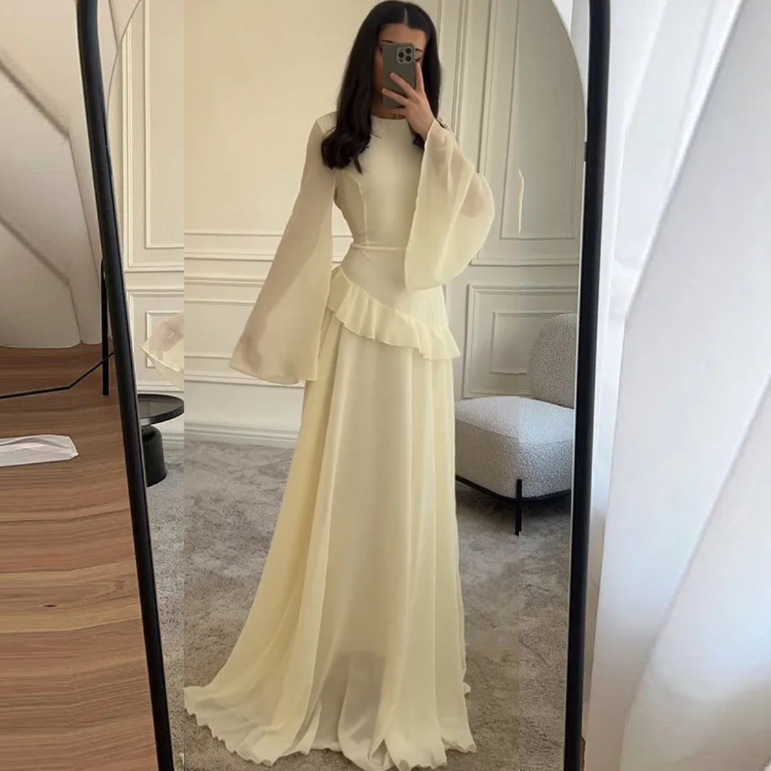 Light Yellow Modest Chiffon Flare Sleeves A-Line Long Dress, Left