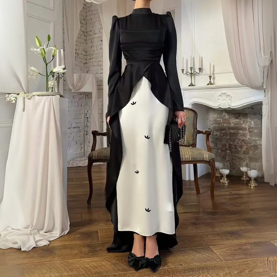 Black High Neck Satin Pleated Modest Train Evening Dress