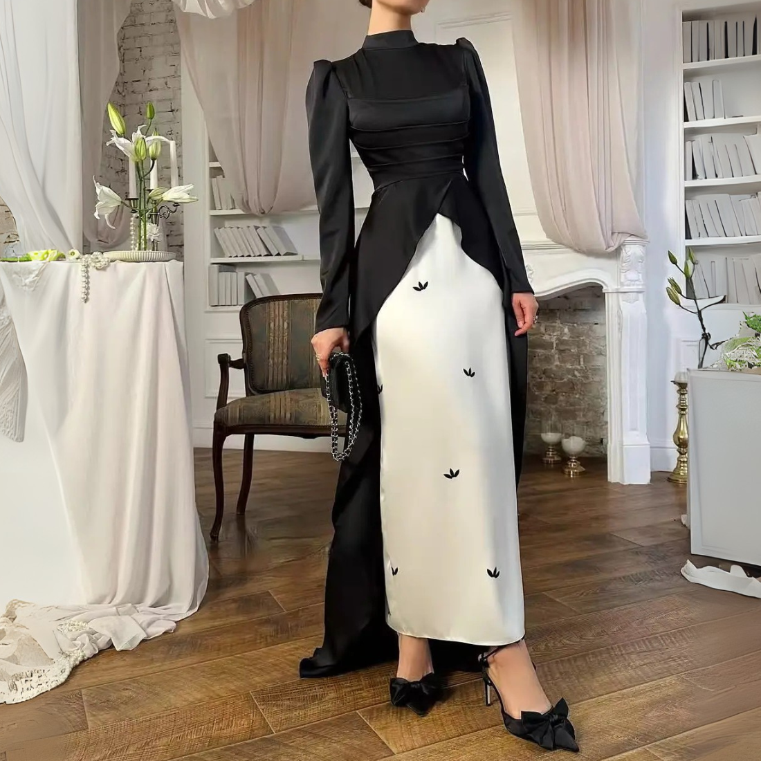 Black High Neck Satin Pleated Modest Train Evening Dress, Left