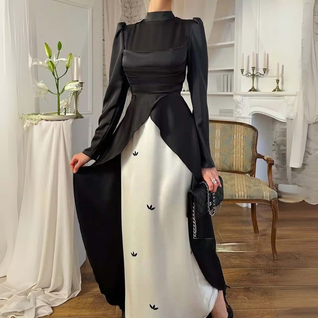 Black High Neck Satin Pleated Modest Train Evening Dress, Front