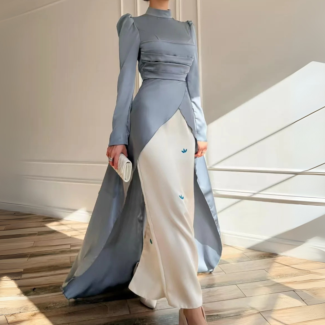 Blue High Neck Satin Pleated Modest Train Evening Dress, Left