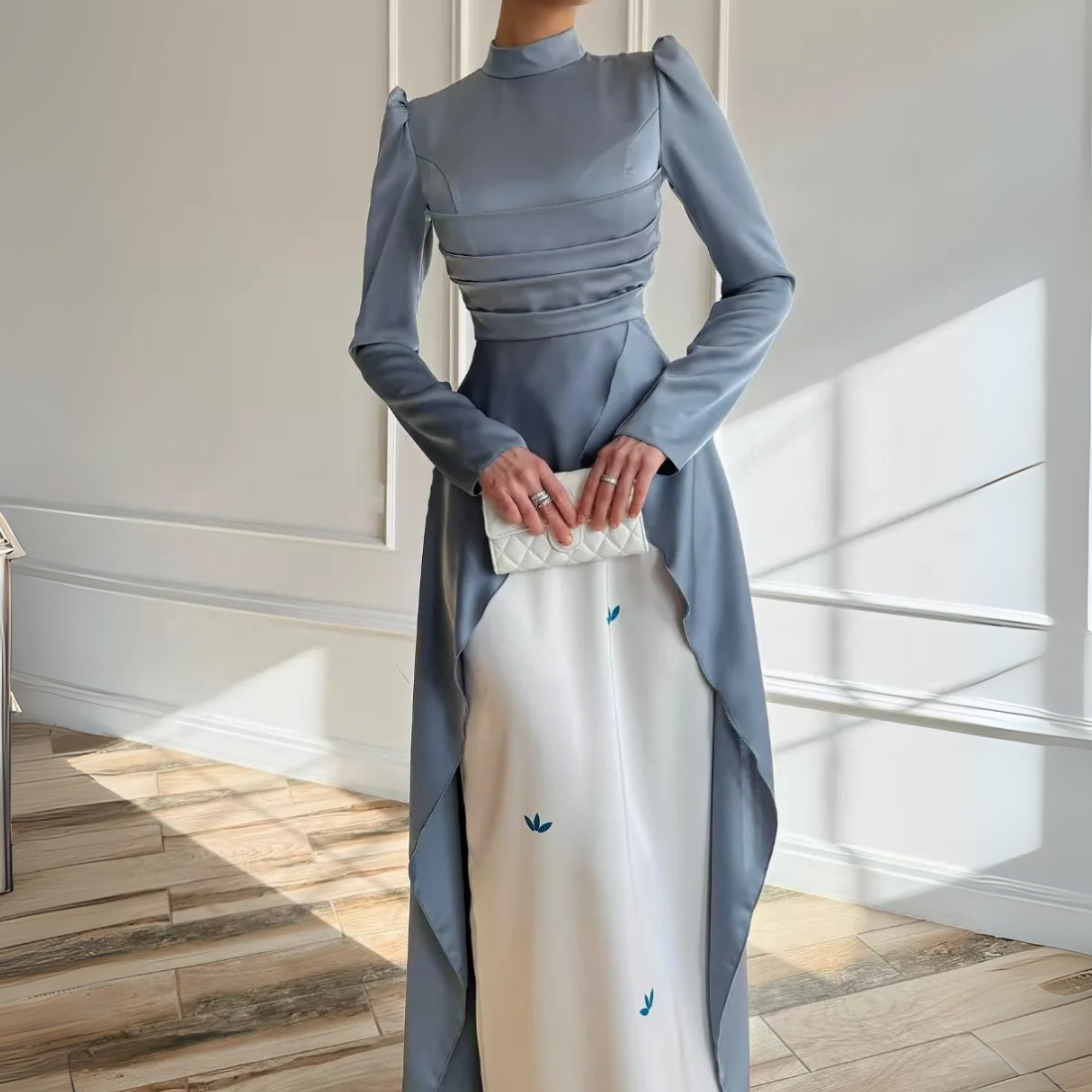 Blue High Neck Satin Pleated Modest Train Evening Dress, Front