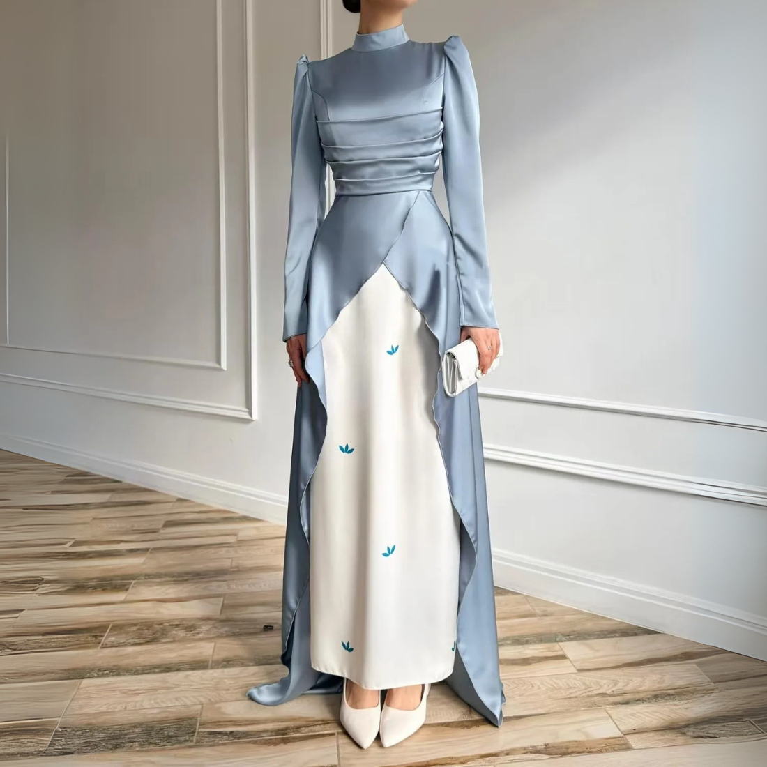 Blue High Neck Satin Pleated Modest Train Evening Dress