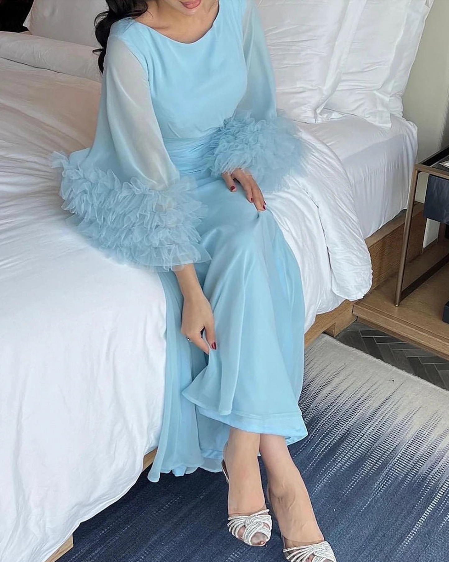 Blue Chiffon Modest Prom Dress, Closeup