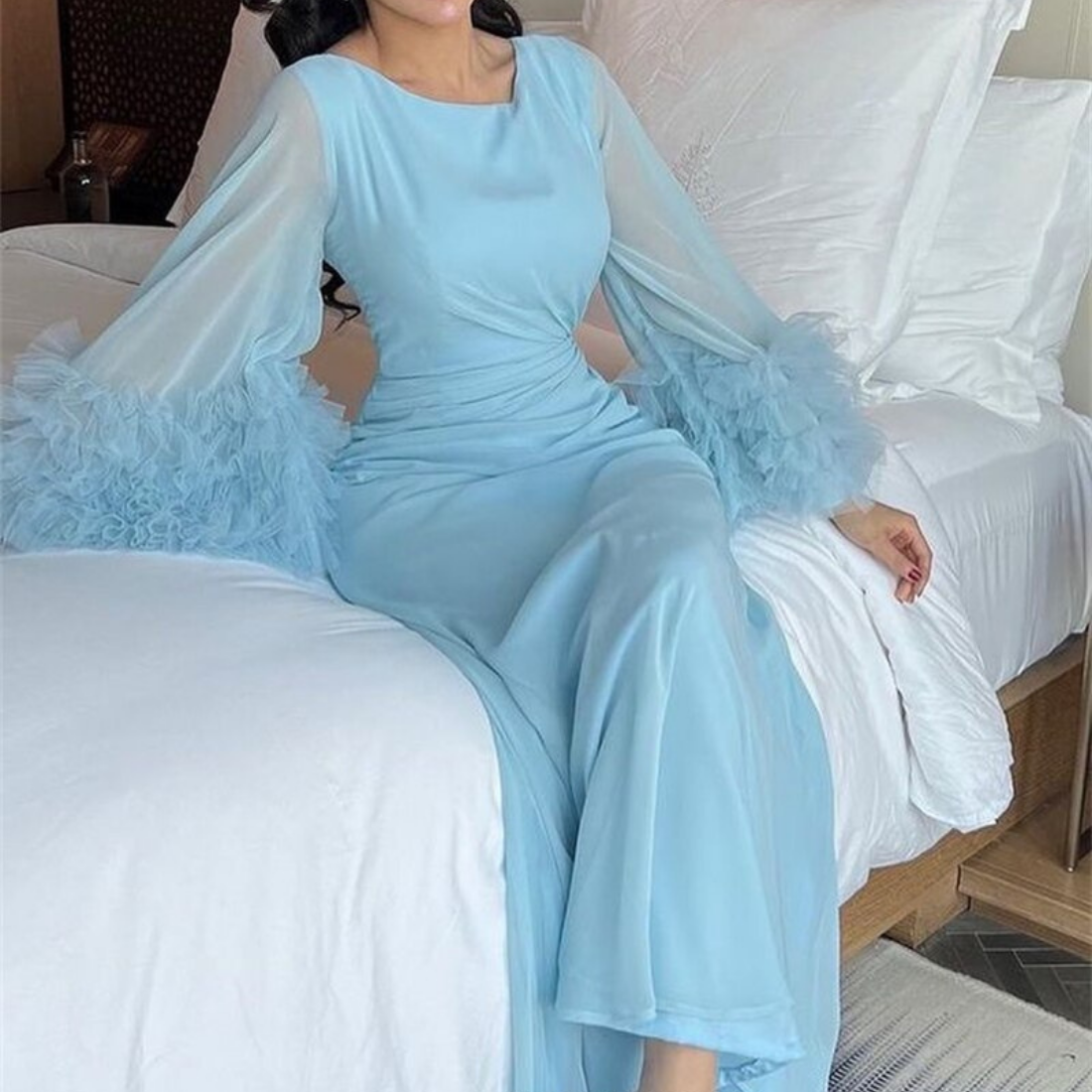 Blue Chiffon Modest Prom Dress, Front