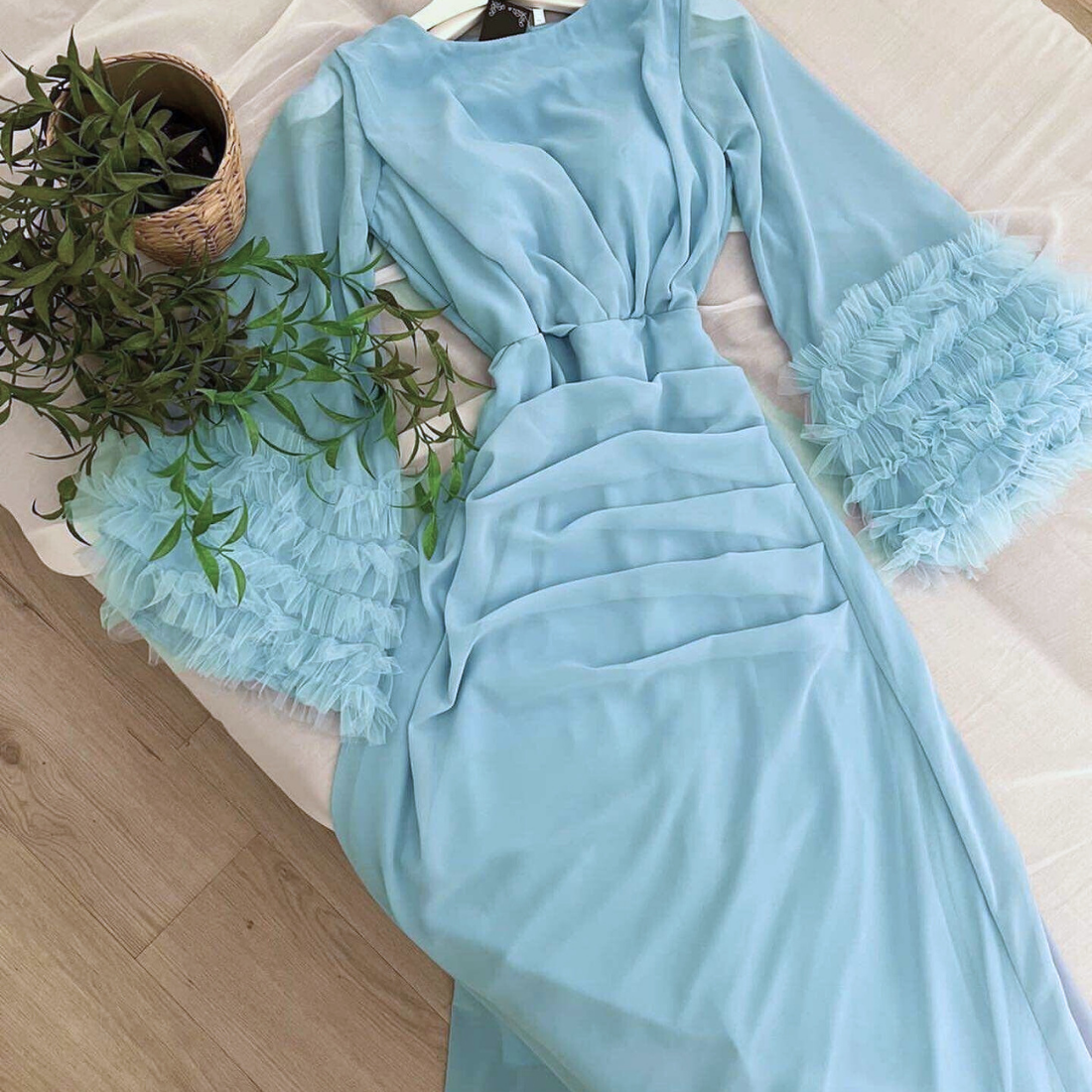 Blue Chiffon Modest Prom Dress, display