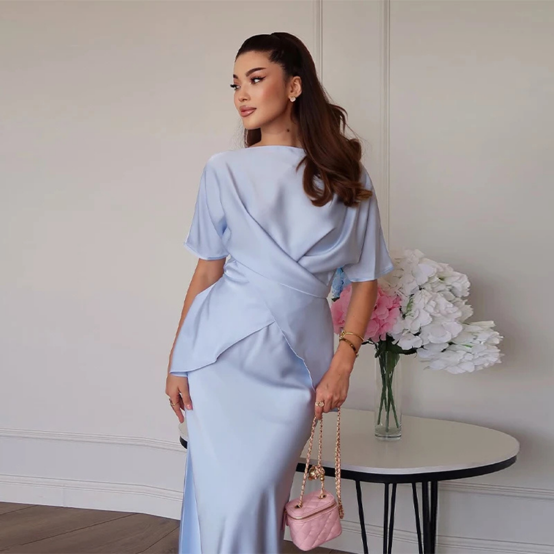 Elegant Blue Two Piece Mermaid Wrap Dress Set