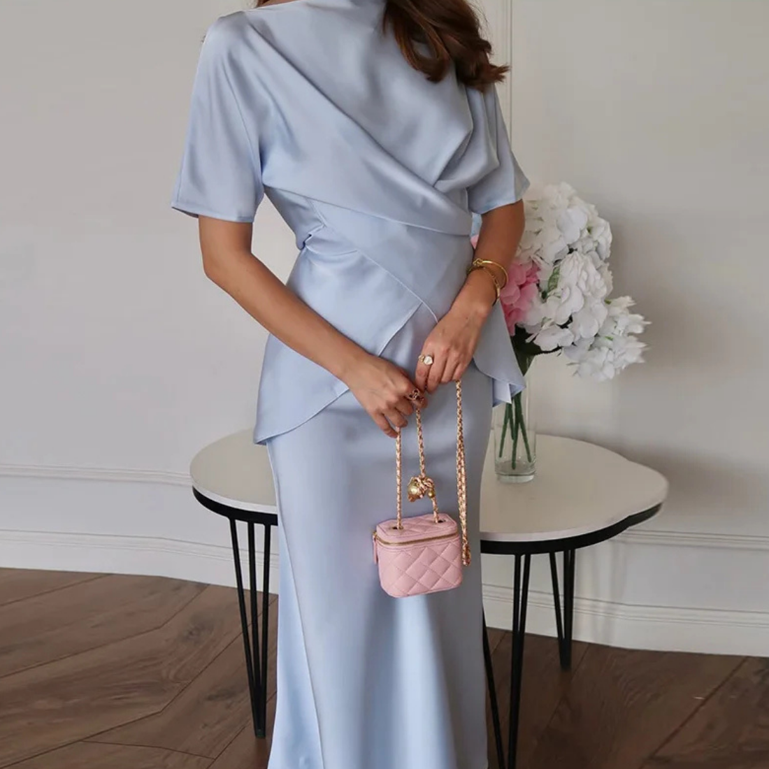 Elegant Blue Two Piece Mermaid Wrap Dress Set, Close Up