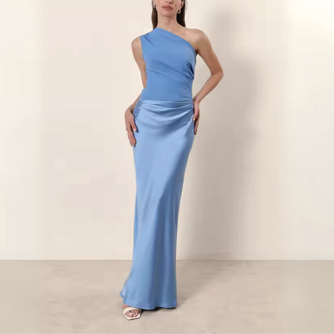 Elegant Brown Satin One Shoulder Sleeveless Long Dress, Blue