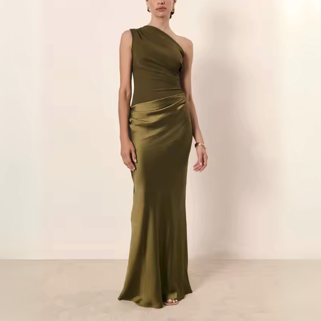 Elegant Brown Satin One Shoulder Sleeveless Long Dress, Green