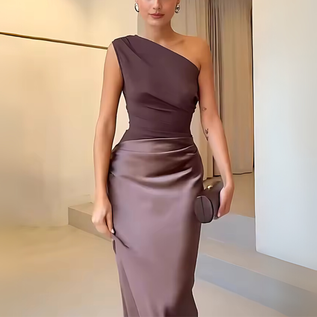 Elegant Brown Satin One Shoulder Sleeveless Long Dress, Close Up