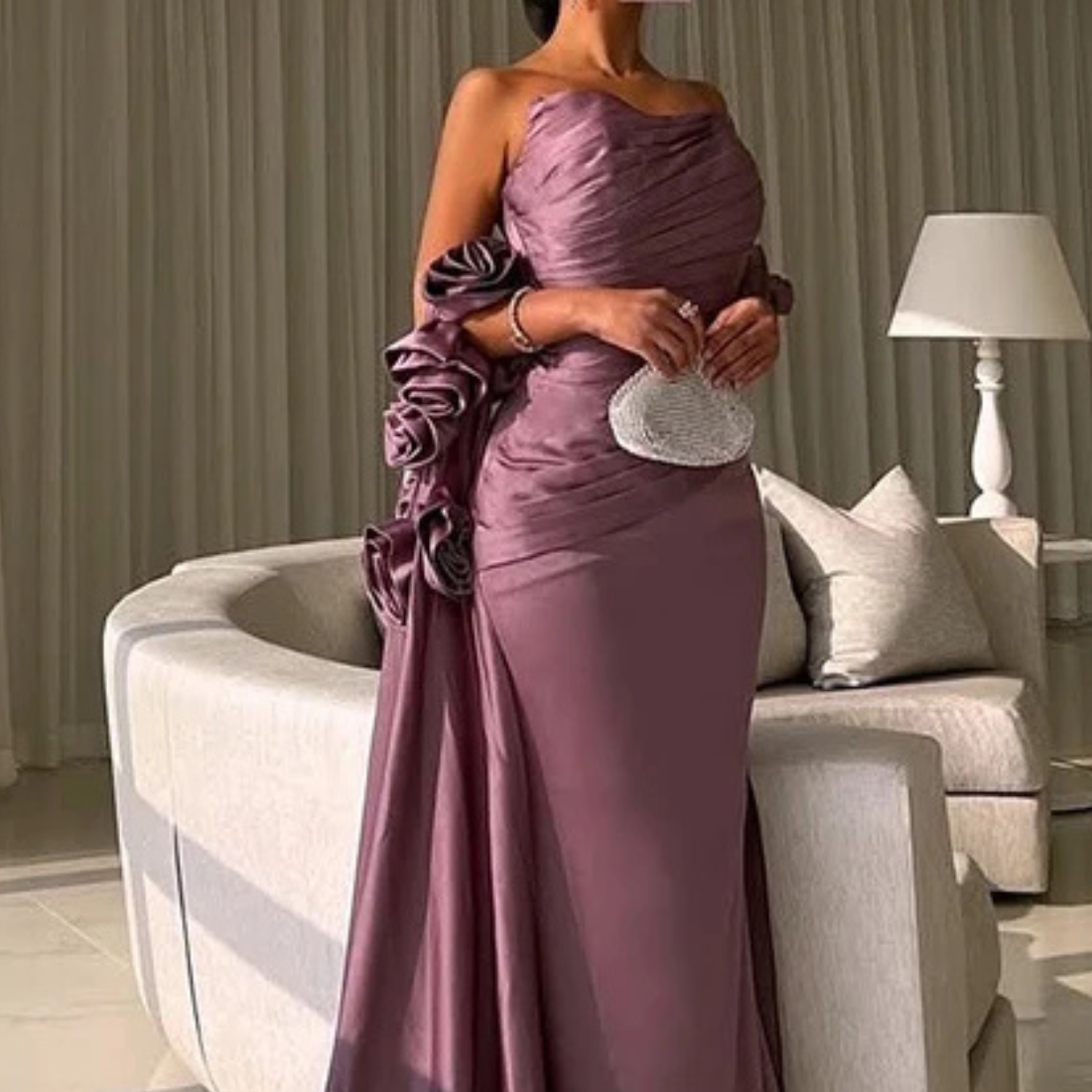 Elegant Purple Mauve Satin 3D Flower Cape Train Sleeveless Gown