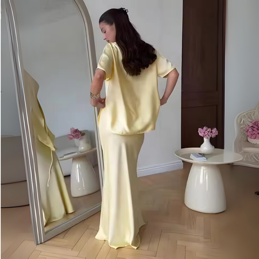 Elegant Yellow Two Piece Mermaid Wrap Dress Set, Back