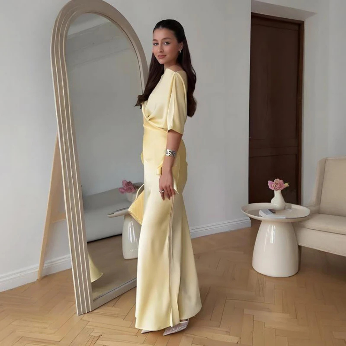 Elegant Yellow Two Piece Mermaid Wrap Dress Set, Left