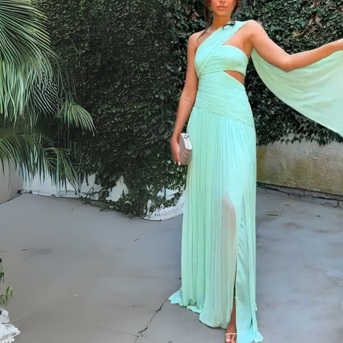Green Chiffon Sleeveless Cut Out Shoulder Drape Long Dress, Right