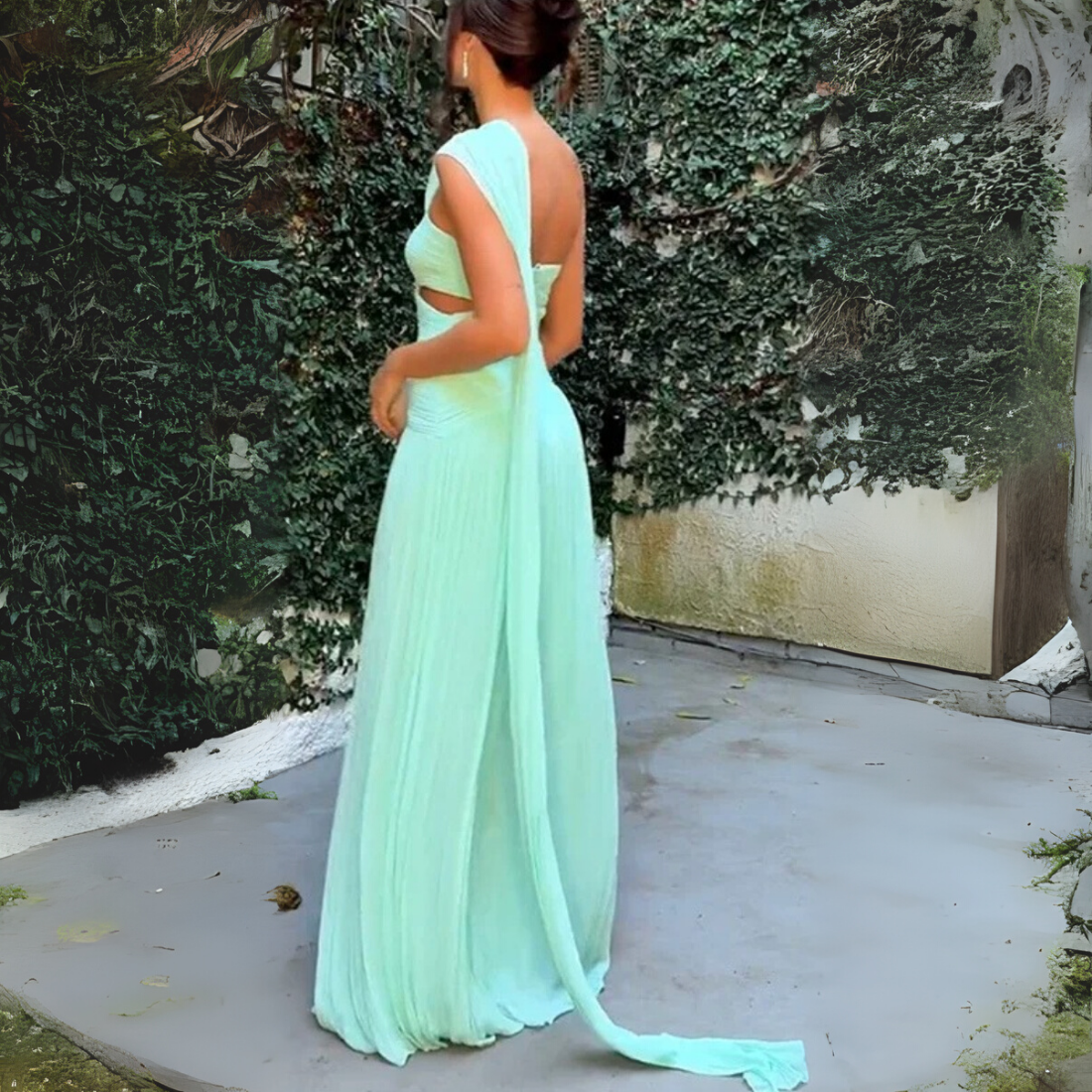 Green Chiffon Sleeveless Cut Out Shoulder Drape Long Dress, Back