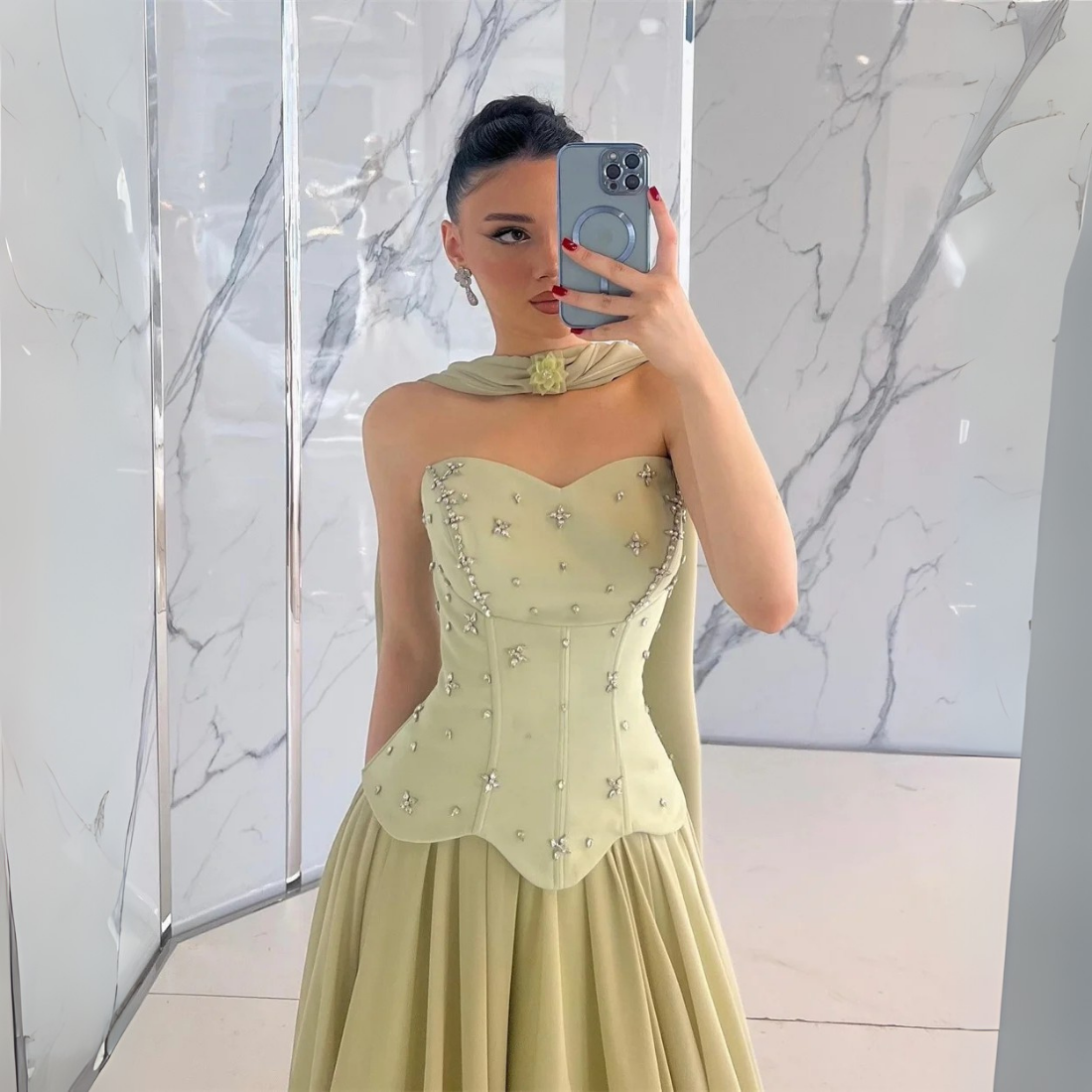 Green Jewelled Corset Sleeveless Gown with Scarf, Close Up