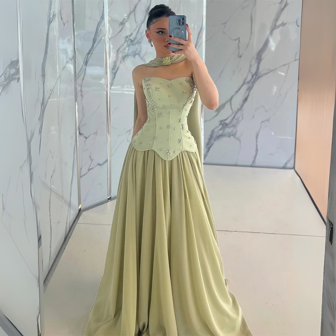 Green Jewelled Corset Sleeveless Gown with Scarf