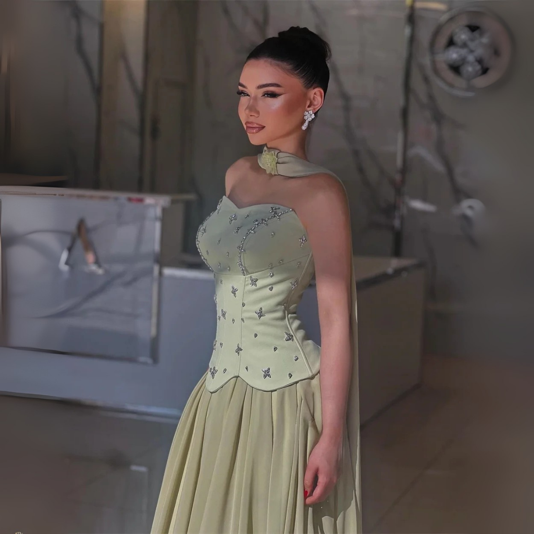 Green Jewelled Corset Sleeveless Gown with Scarf, Left