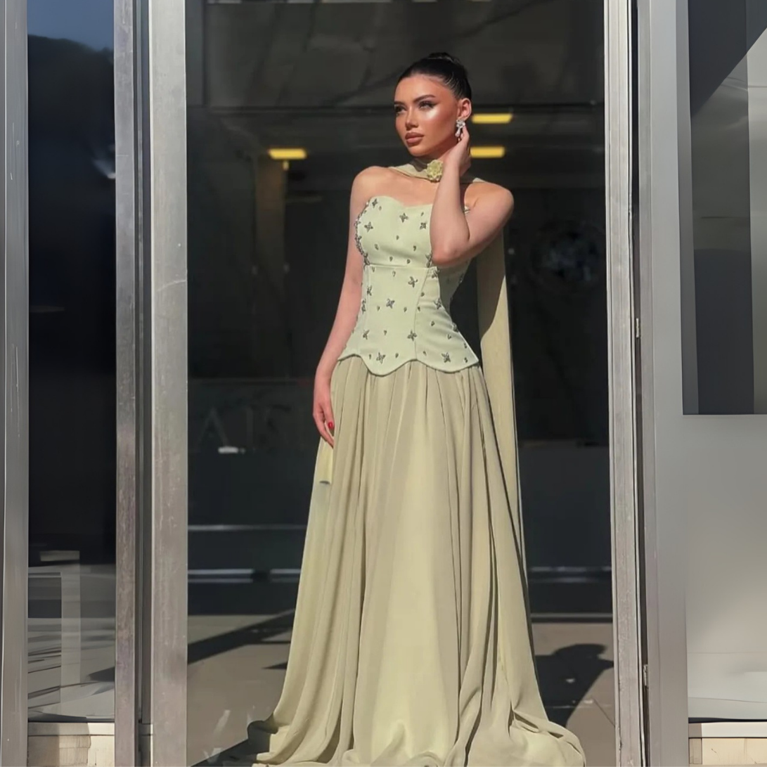 Green Jewelled Corset Sleeveless Gown with Scarf, Right