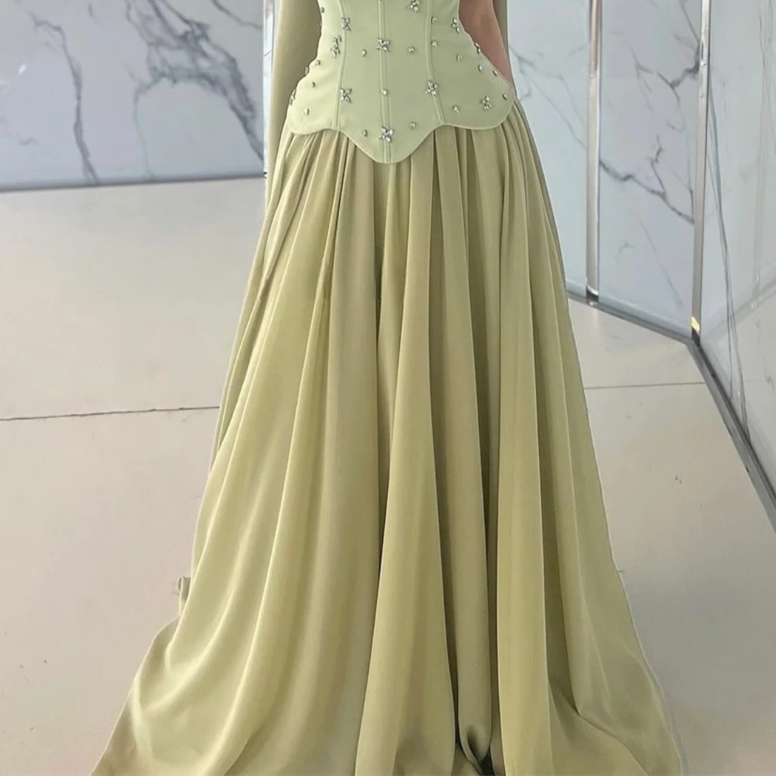 Green Jewelled Corset Sleeveless Gown with Scarf, Skirt
