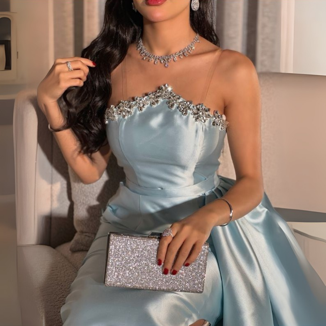 Light Blue Satin Sleeveless Rhinestone Mermaid Gown, Close Up