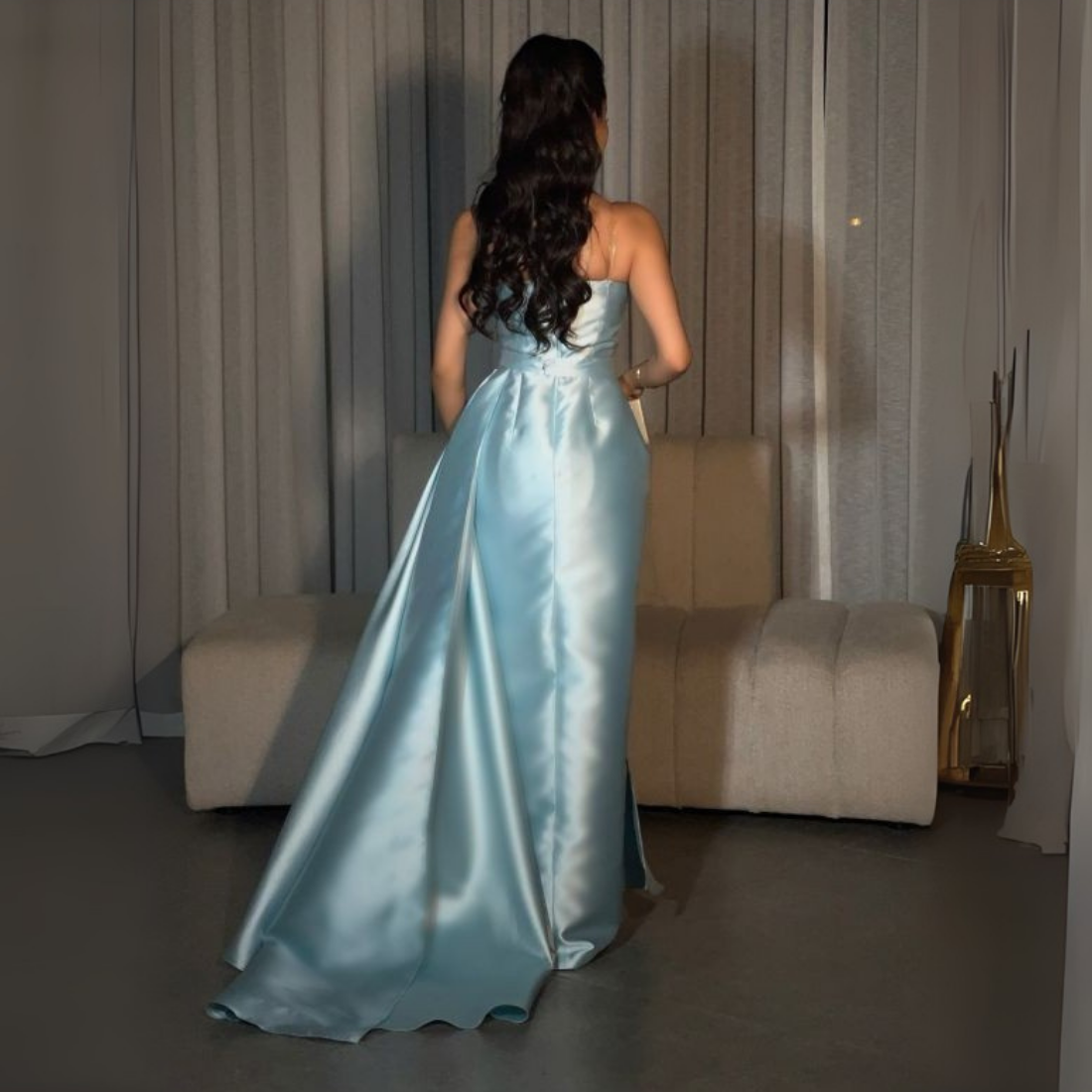 Light Blue Satin Sleeveless Rhinestone Mermaid Gown, Back