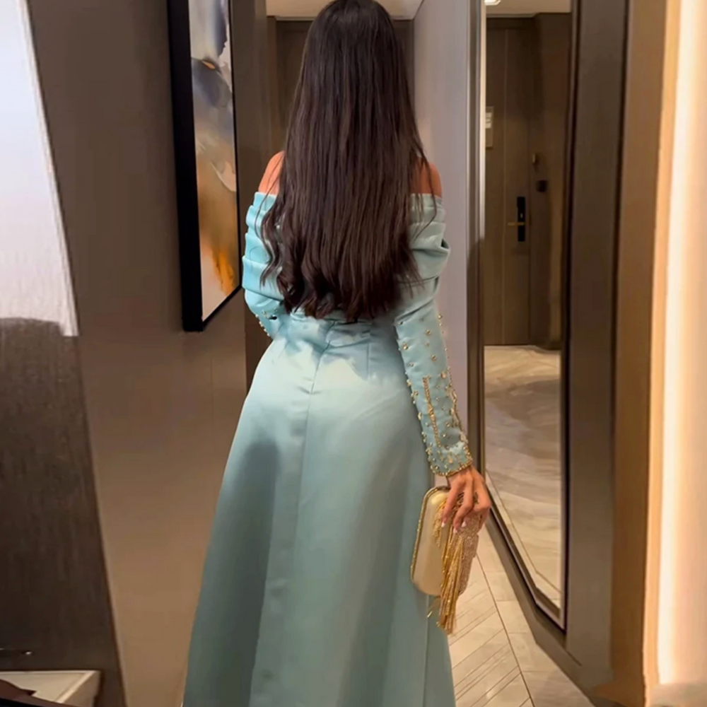 Light Blue Satin Button Off Shoulder Floor Length Gown, Back