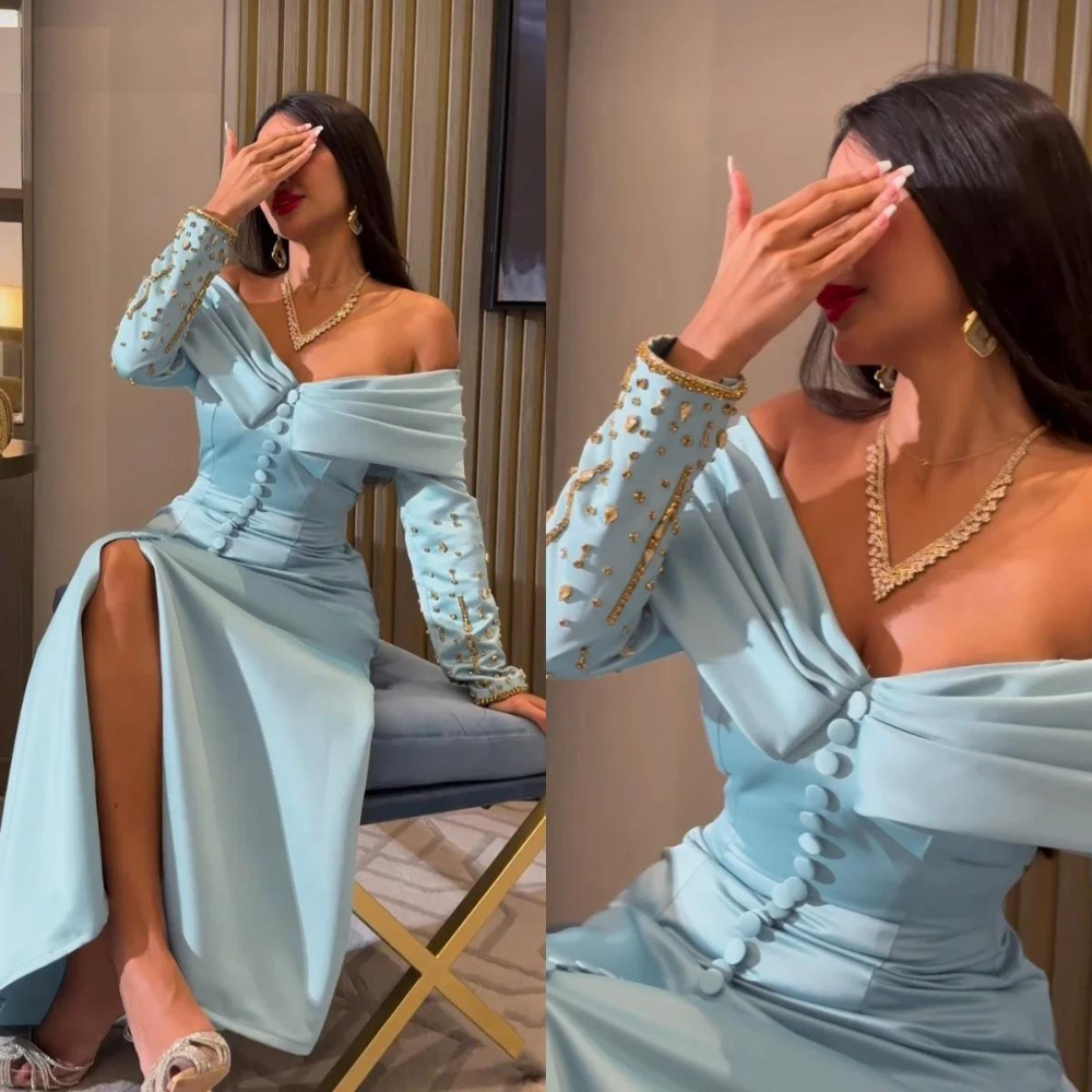 Light Blue Satin Button Off Shoulder Floor Length Gown, Front