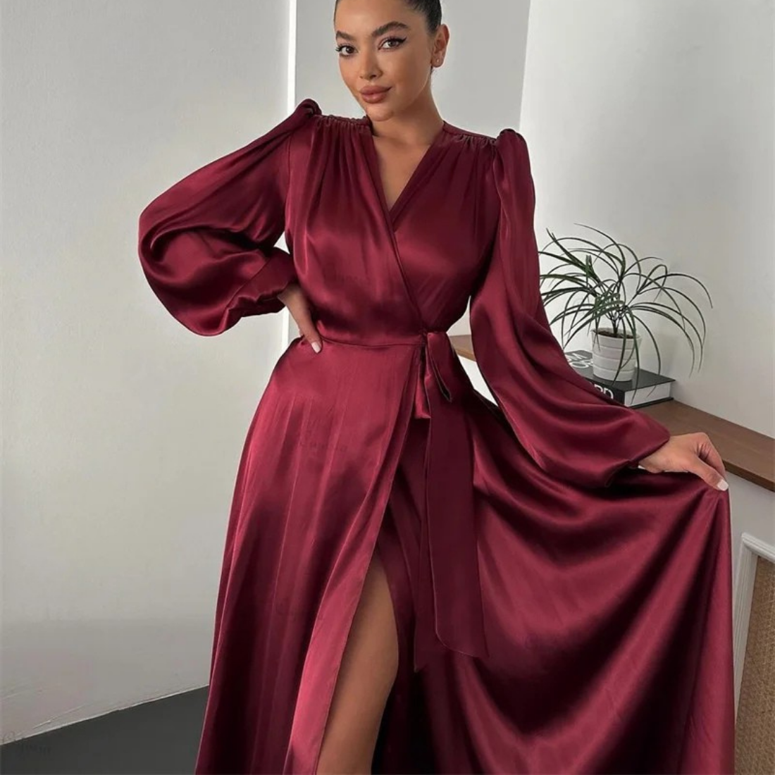 Maroon Satin Long Puff Sleeves V-Neck Wrap Long Gown, Close Up