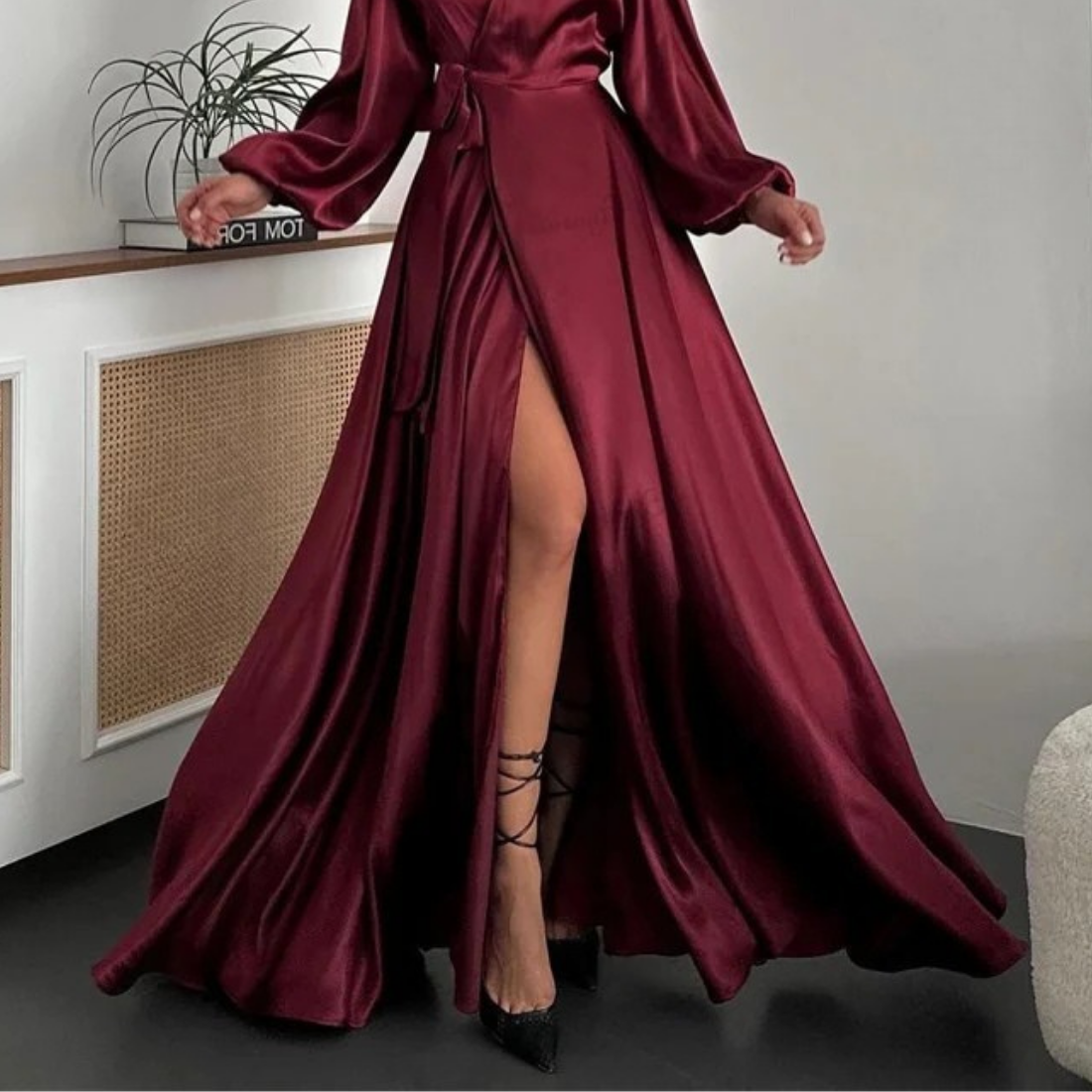 Maroon Satin Long Puff Sleeves V-Neck Wrap Long Gown
