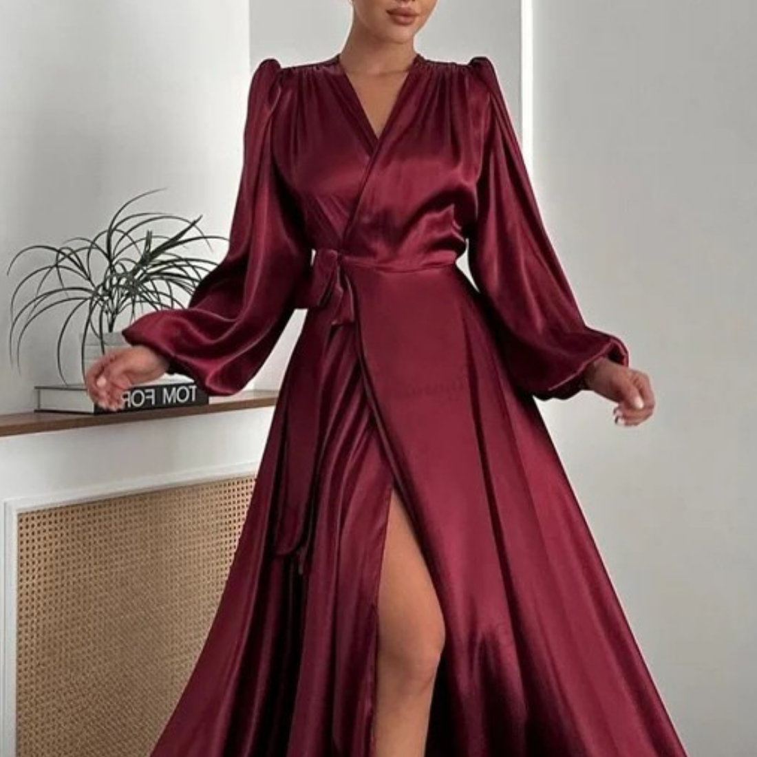 Maroon Satin Long Puff Sleeves V-Neck Wrap Long Gown, Close Up 2