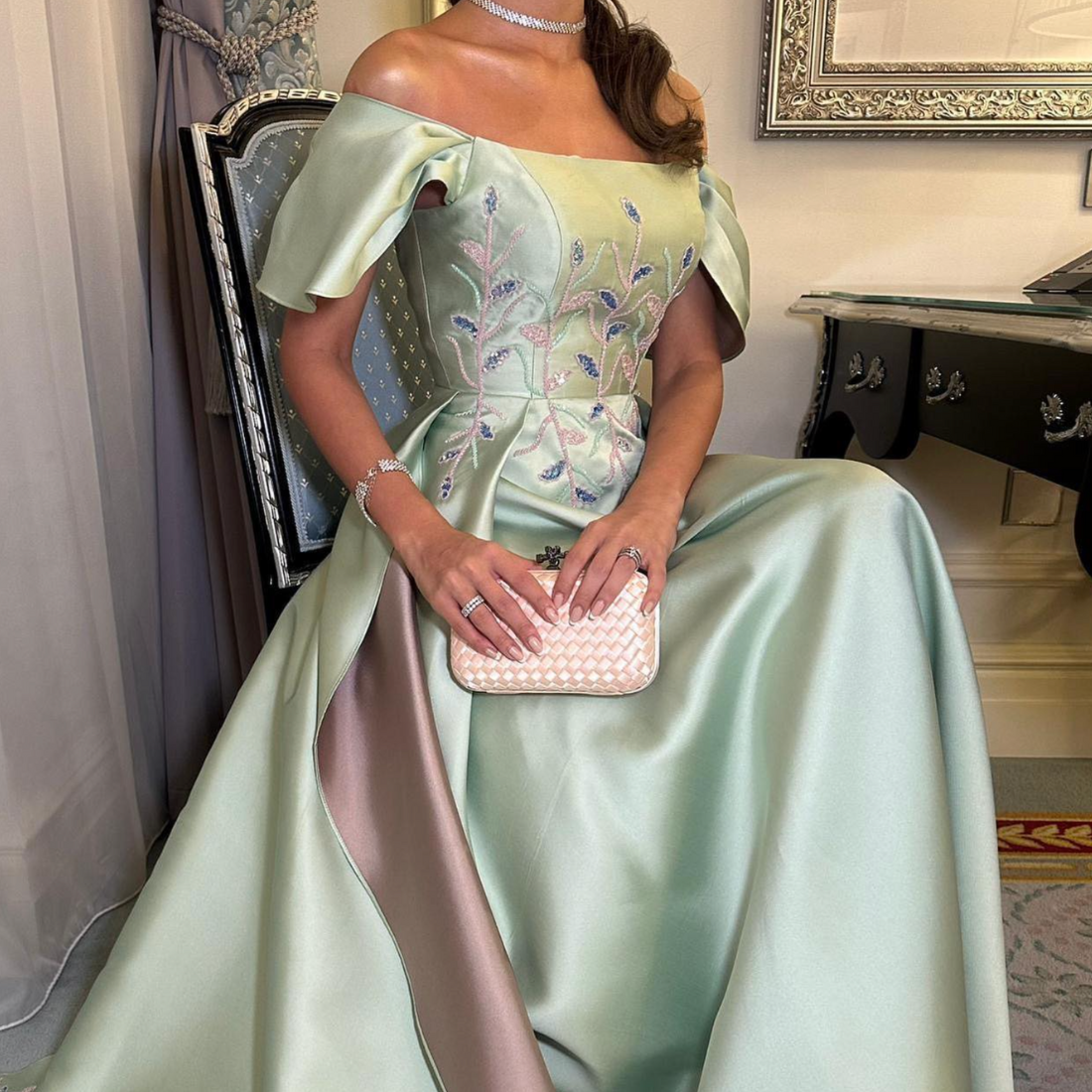 Mint Green Satin Floral Off Shoulder Elegant Gown, Close Up