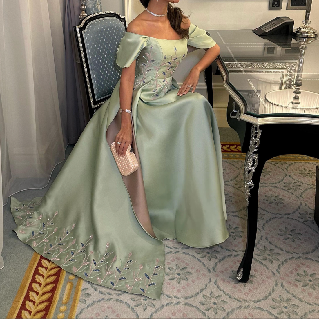 Mint Green Satin Floral Off Shoulder Elegant Gown, Left
