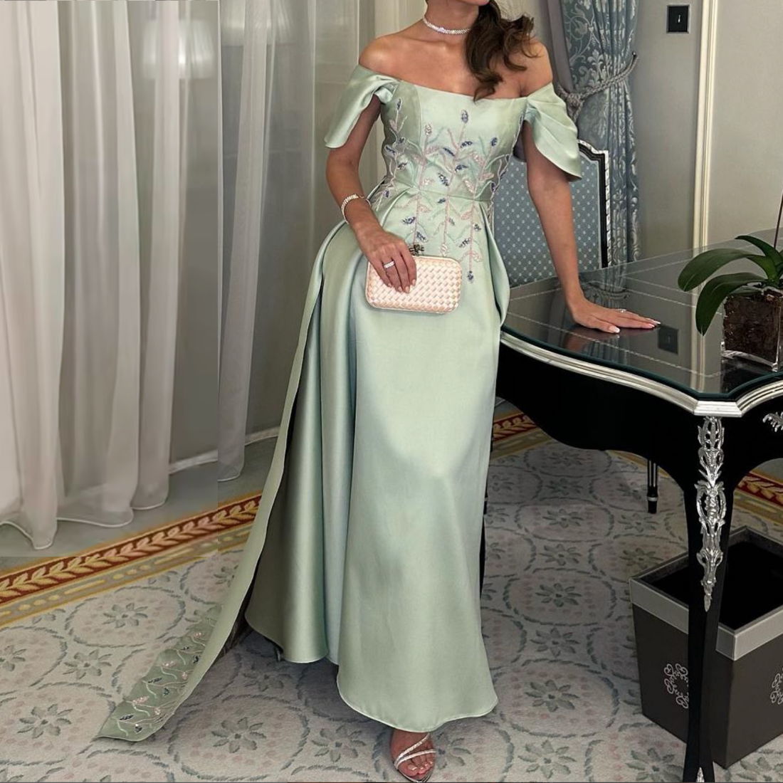 Mint Green Satin Floral Off Shoulder Elegant Gown, Full Shot