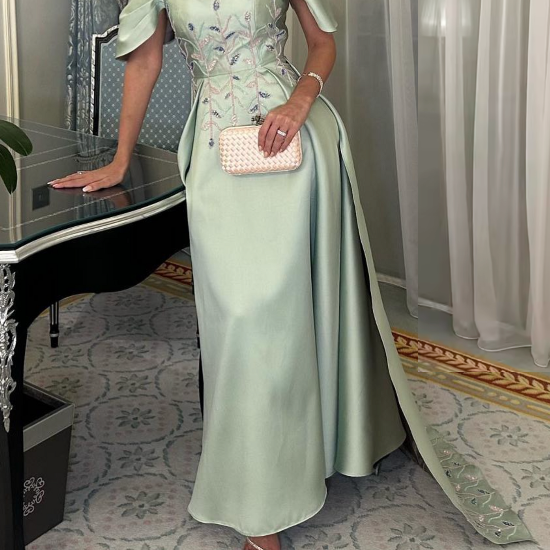 Mint Green Satin Floral Off Shoulder Elegant Gown, Skirt Close Up
