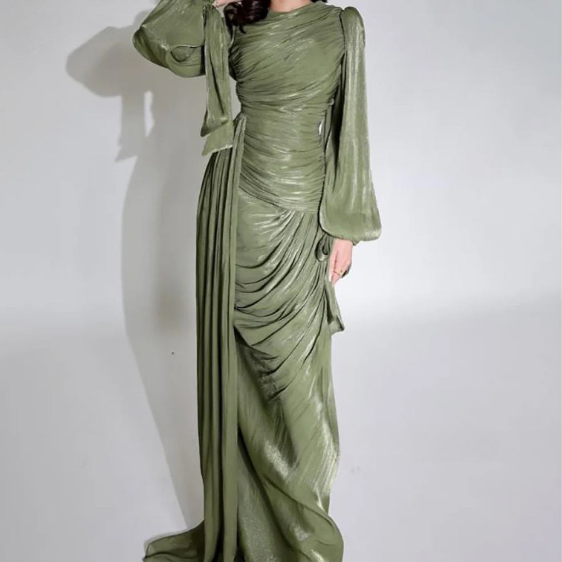 Modest Green Puff Sleeve Ruched Pleated Long Gown, Full Shot