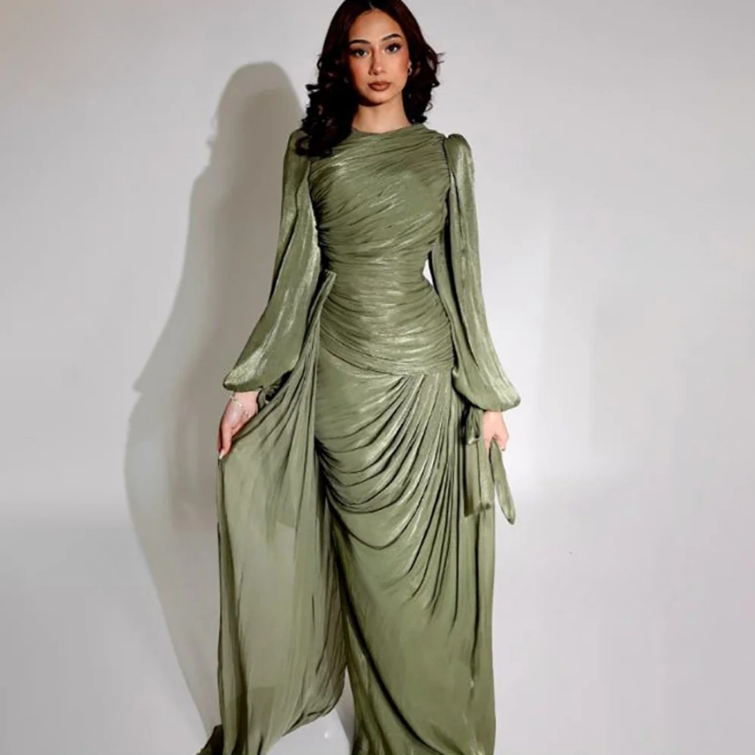 Modest Green Puff Sleeve Ruched Pleated Long Gown, Full Shot 2
