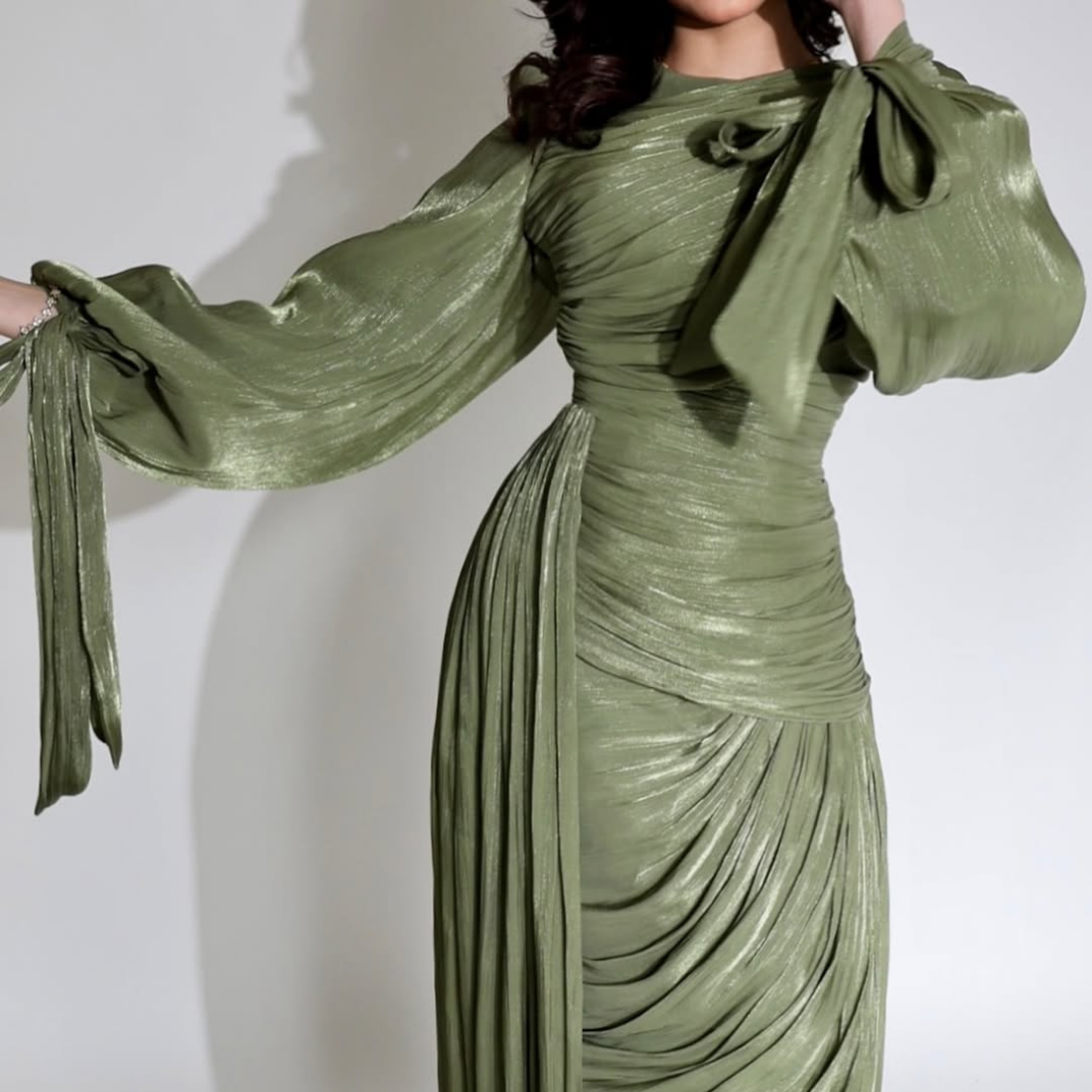 Modest Green Puff Sleeve Ruched Pleated Long Gown, Close Up